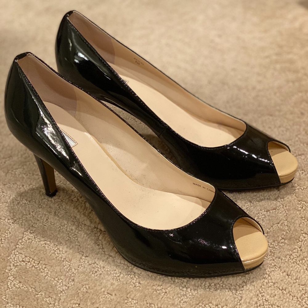 Tahari Black Patent Peep Toe Pumps